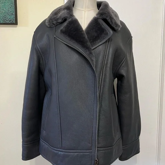 NEW Theory Oversized Shiny Shearling Moto Leather Jacket - Picture 4 of 6